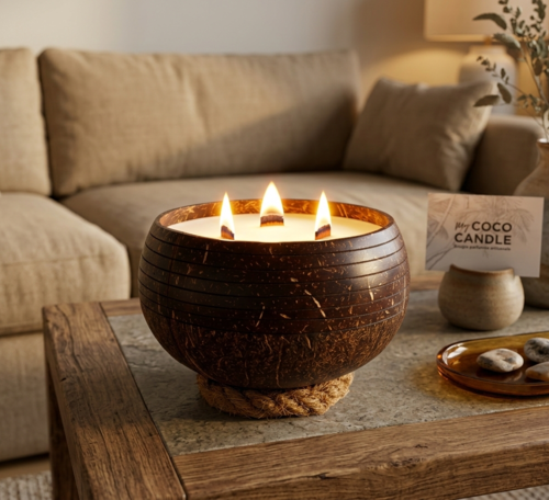 Bougie Polynésie Faite Main dans une Coque de Noix de Coco