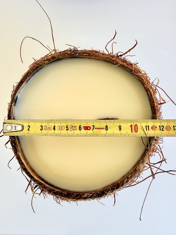 Vue du dessus de la bougie coco : 400 g de cire parfumée, diamètre 12 cm