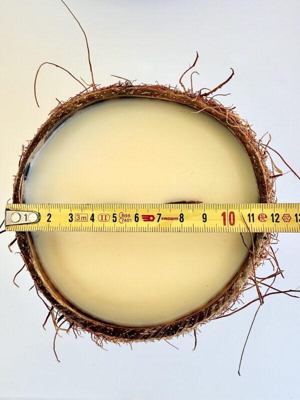 Vue du dessus de la bougie coco : 400 g de cire parfumée, diamètre 12 cm