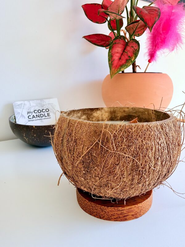 Bougie artisanale dans une véritable noix de coco brute sur socle en bois de cocotier