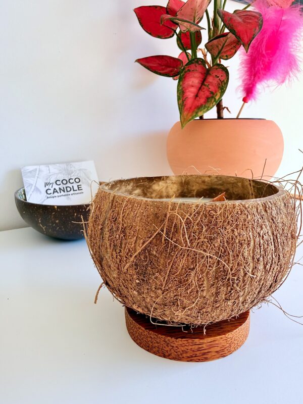 Bougie artisanale dans une véritable noix de coco brute sur socle en bois de cocotier